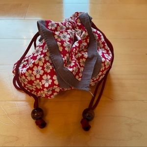 Artisan Floral Pouch Bag; Red/White Flower Drawstring Bag